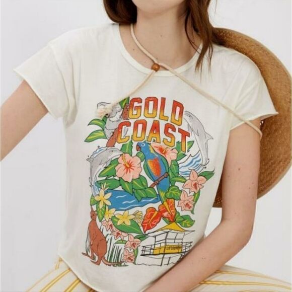 NWOT Anthropologie X Midnight Rider Gold Coast Cut Off Graphic Tee Size Small - Picture 2 of 9